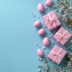 Colorful Easter gifts and decorated eggs arranged on a blue background with spring elements