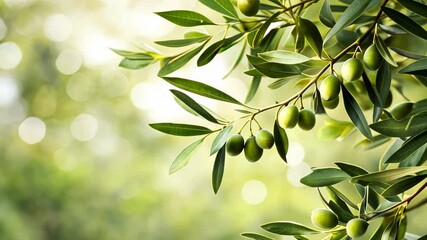 A close-up of olive branches with green olives against a soft, blurred background.
