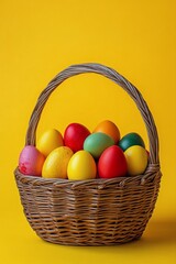 Colorful easter eggs arranged in a woven basket against a bright yellow background