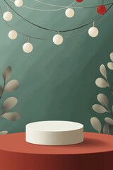 Poster - Elegant minimal podium scene with decorative string lights and festive leaves on a green and red backdrop, perfect for 