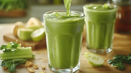 Refreshing green smoothie in glasses with fresh ingredients.