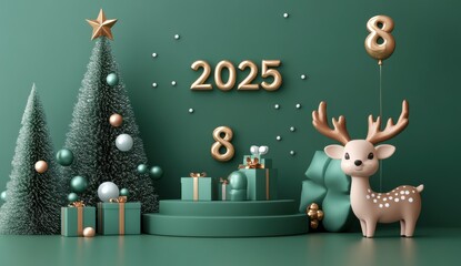 Festive 3D cartoon Christmas scene with presents, reindeer, and 2025 decor on green background