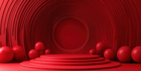 Poster - Minimalistic 3D podium with concentric circular background and red spheres for product showcase