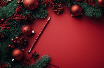 Red notebook and pencil on a festive red background with pine branches and ornaments