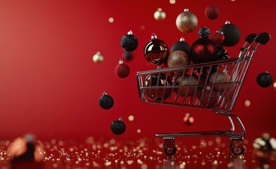 A festive shopping cart filled with colorful ornaments set against a vibrant red background