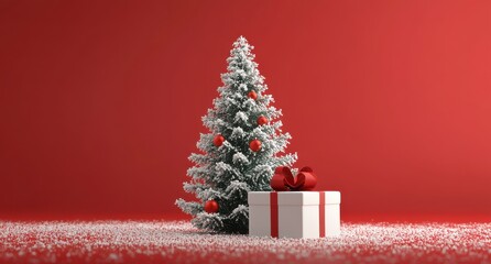 3D render of a beautiful Christmas tree with red ornaments and a gift box on a snowy floor against a bright red background