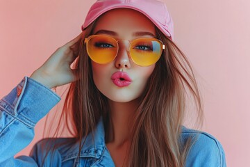 Young woman wearing a pink cap and sunglasses poses playfully against a pink background