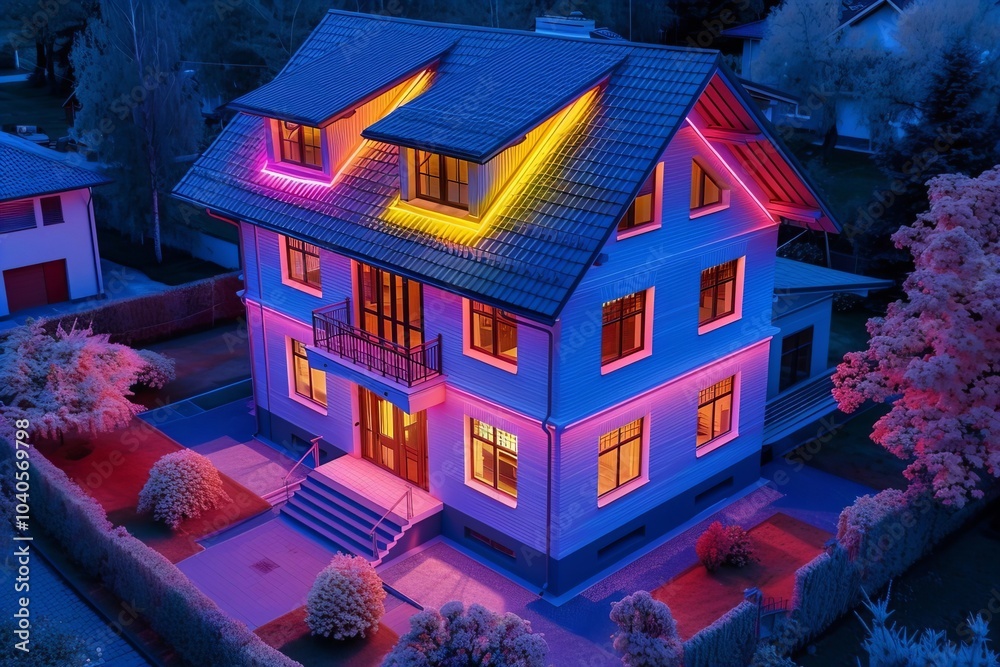 Vivid Aerial Perspective of a Brightly Colored Home, Emphasizing the ...