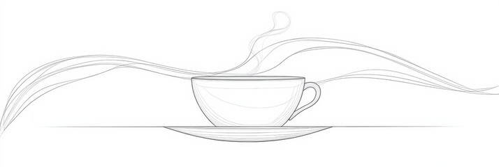 Poster - A simple continuous line design illustrates a tea cup with gentle steam wafting upward, evoking a sense of warmth and relaxation. Generative AI