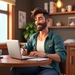 © Cad3D.Expert - Cartoon man working at a cozy home desk with a laptop and notebook. The animated character is smiling while writing, creating a relaxed and productive atmosphere with warm lighting.