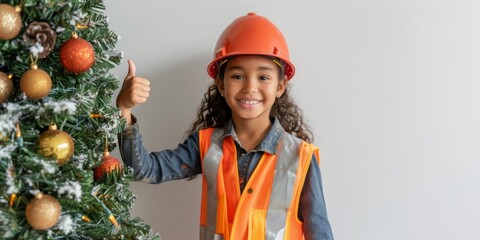 Young Hispanic girl in an orange vest and hard hat gives a thumbs up near a decorated Christmas tree during the Christmas holiday. Christmas and New Year greetings. Construction company. copy space