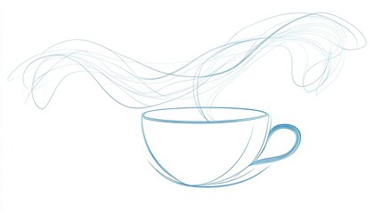 Poster - A minimalistic line drawing of a tea cup with soft steam lines curling above, suggesting warmth and relaxation in a serene setting. Generative AI