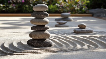 Aufkleber - A minimalist zen garden with raked sand and stone sculptures, symbolizing the essence of simplicity and tranquility, Zen scene