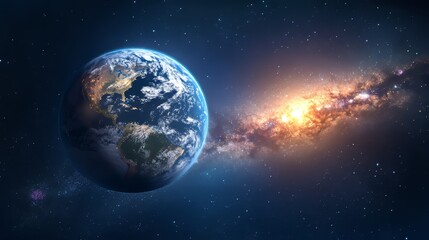 Wall Mural - From space, view of the milky way galaxy with a blue sunrise