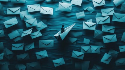 Poster - A minimalistic depiction of a person floating on a paper boat in a sea of emails, symbolizing navigating through digital communication overload, Abstract setting