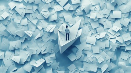 Poster - A minimalistic depiction of a person floating on a paper boat in a sea of emails, symbolizing navigating through digital communication overload, Abstract setting
