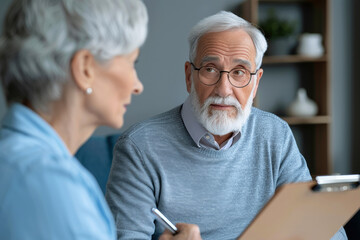 Insurance consultant with tablet and pen discussing contract with senior woman in her cozy living room at home