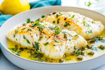 perfectly baked white fish fillets in a lemon butter sauce, garnished with fresh herbs and capers. The fish is golden and flaky, swimming in a bright yellow sauce that glistens under natural light