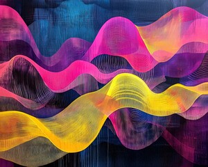 Wall Mural - abstract wavy lines in bold neon colors against a dark, textured backdrop