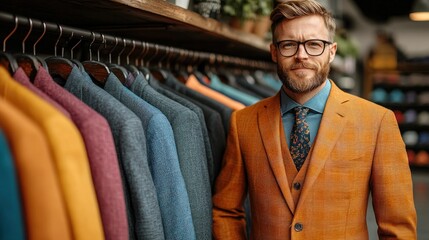 A man in a vibrant orange suit and glasses poses confidently next to a row of neatly arranged jackets in various colors and styles, showcasing a fashionable selection in a modern store