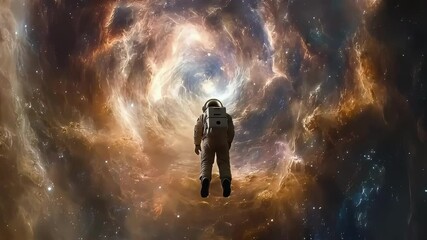 Wall Mural - A lone astronaut drifts through a vibrant cosmic swirl of colors in space.