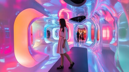 Poster - Woman Walking Through A Futuristic, Neon-Lit Tunnel