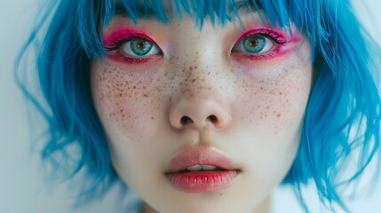 Close-up of a young Asian woman with blue hair and pink eyes