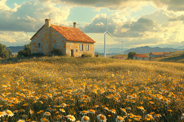 Poster - a wind farm in the distance providing power to a small town, symbolizing sustainable energy solution