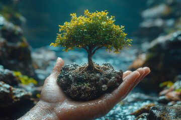 Poster - A tree growing out of a human hand, symbolizing the connection between humans and nature. Concept of ecology.