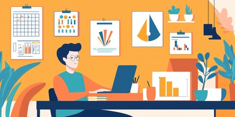 Fototapete - A marketing manager designing a campaign on a laptop in a colorful workspace with creative decor.