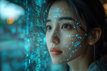 Poster - A teacher using AI to track student attendance and participation, representing the integration of technology in daily classroom tasks. Concept of AI in classroom management.