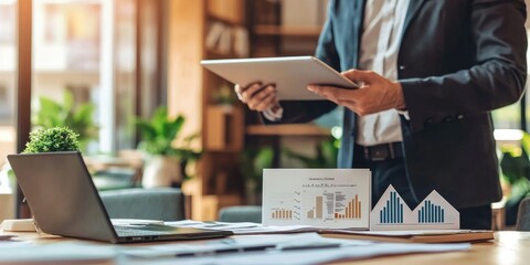 Fototapete - A real estate agent presenting property details on a laptop in a stylish modern office.