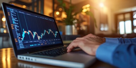 Fototapete - A business executive reviewing stock market trends on a laptop in a sophisticated home office.
