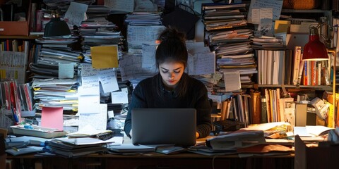 Fototapete - A researcher compiling data on a laptop at a cluttered desk filled with research materials.