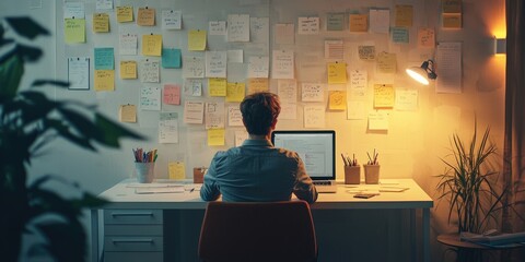 Fototapete - A startup founder brainstorming ideas on a laptop in an informal office with whiteboards and sticky notes.