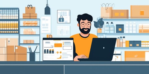 Fototapete - An e-commerce manager updating a website on a laptop in a product-filled office.
