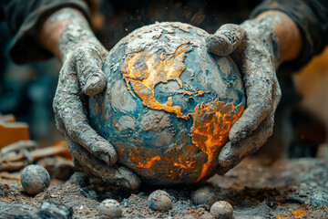 Poster - a sculptor forming the earth from raw materials, representing the creation of the planet. concept of