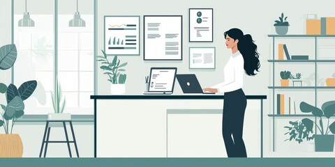 Fototapete - A businesswoman preparing a presentation on a laptop in a minimalist and clean office.