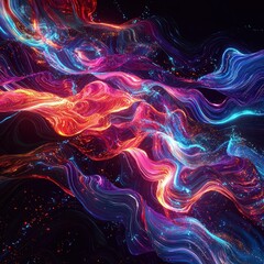 Wall Mural - Chaotic streaks neon colors forming abstract wave patterns on a dark backdrop