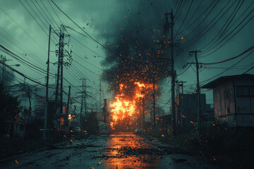 Poster - a power grid under attack, illustrating the vulnerability of modern infrastructure to disruptions. c