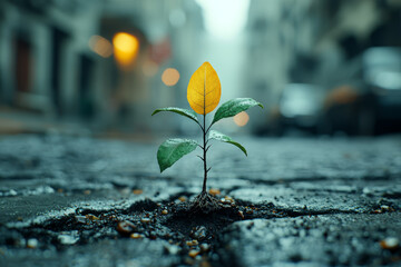 Poster - a plant sprouting from a crack in the pavement, symbolizing growth from adversity. concept of persev