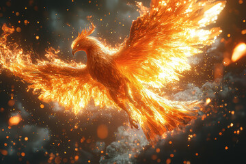Aufkleber - A phoenix rising from ashes, symbolizing rebirth and creation from destruction. Concept of regeneration.