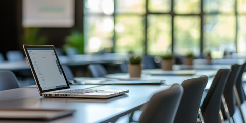 Fototapete - A corporate trainer developing programs on a laptop in a professional training room.