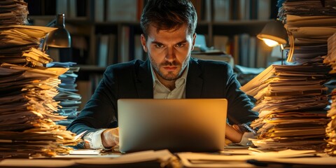 Fototapete - A corporate executive working late on a laptop in an office with dim lighting, surrounded by stacks of documents, showing intense focus and productivity.