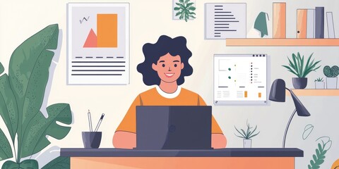 Fototapete - A remote worker participating in a virtual team meeting on a laptop, set up in a home office with collaborative tools, actively engaged in the discussion.