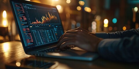 Fototapete - A business professional researching market trends on a laptop, analyzing graphs and statistics with insightful industry focus.