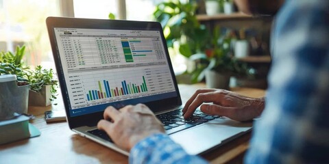 A businessman preparing a financial forecast on a laptop, working with detailed spreadsheets for economic planning and precise calculations.