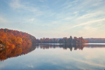 Mississippi River and Rice Lake near Brainerd Minnesota at dawn on an autumn day