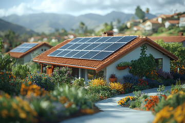 Poster - a neighborhood installing solar panels on rooftops as a response to energy shortages, symbolizing gr