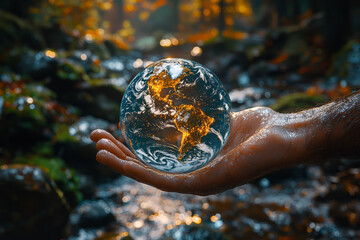 Poster - a hand holding the earth as if it were fragile glass, representing the delicate balance of the envir